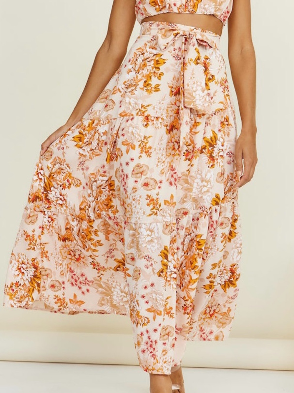Fall Orange Brown Cream Floral Maxi Skirt